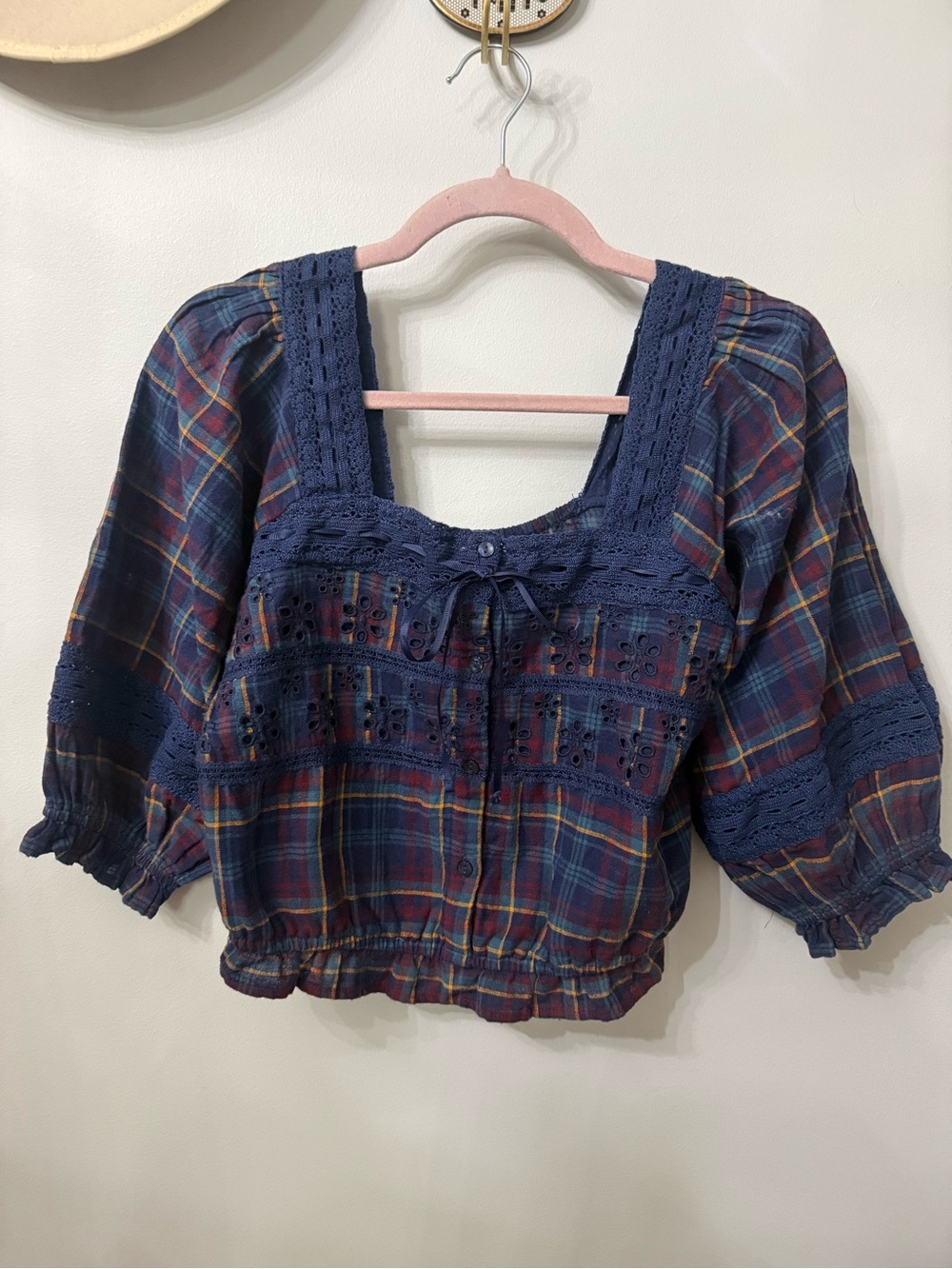 American Eagle Outfitters Navy Plaid Lace-Trim Peasant Top